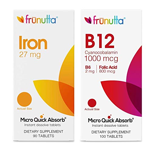 Frunutta Anemia Bundle - Iron, Cyanocobalamin 1000mcg, Pyridoxine 2mg, and Folic Acid 800mcg - for Iron Deficiency - Dietary Supplement, Made in USA - Non-GMO, Gluten Free and No Additives