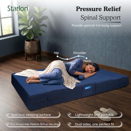 Image of Starlon 2 Seater Foldable Sofa Cum Bed 3-in-1 with 2 Floral Pattern Pillows, Washable Jute Fabric Cover, Space Saving Guest Bed, Pre-Assembled Royal Navy Blue 4x6 Ft