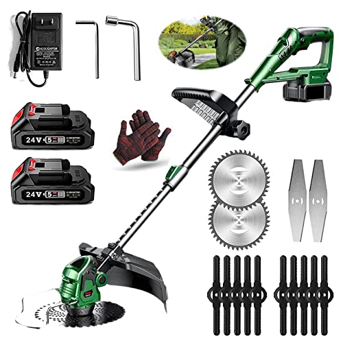 Desbrozadora Eléctrica 24V Cortabordes Bateria, con Cuchillas de Metal y 2 batería para Recortar césped y arbustos, Verde Cover
