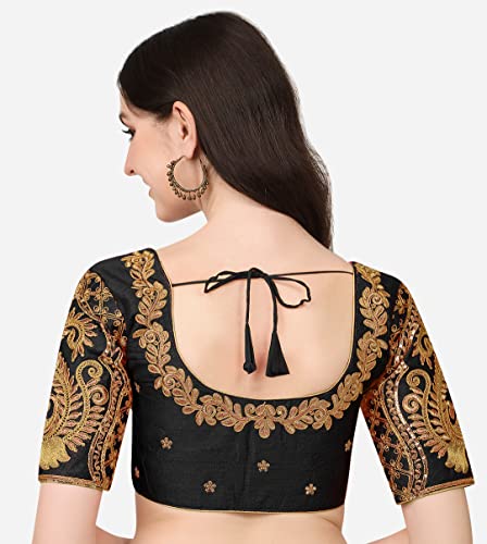 Image of Pujia Mills Women's Phantom Silk Embroidery Handwork & Sequin Work Peacock Design Half Sleeve Readymade Blouse (Mor Blouse Gold 38 Size+Margin)