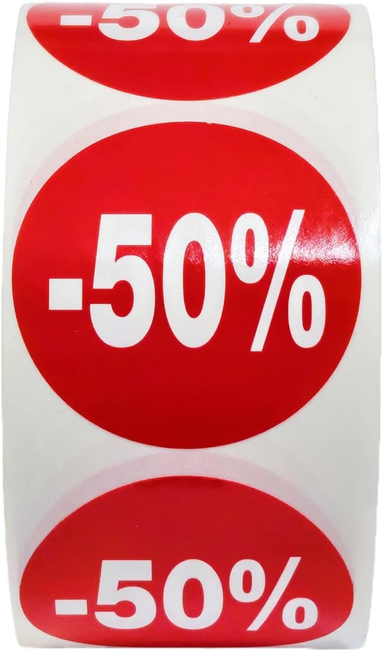 Lot de 3 rouleaux d'étiquettes autocollantes « -50% » – 1 500 autocollants ronds, rouge brillant, Ø35 mm, idéals pour signalisation en magasin (-50%-3)