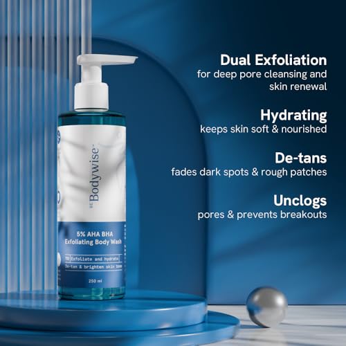 Image of Be Bodywise 5% AHA BHA De-Tan Exfoliating Body Wash 250ml | For Body Acne, Strawberry Skin, De-Tan | Infused with 3% Lactic Acid, 1% Salicylic Acid, 1% Glycolic Acid | Non-Drying, Paraben Free