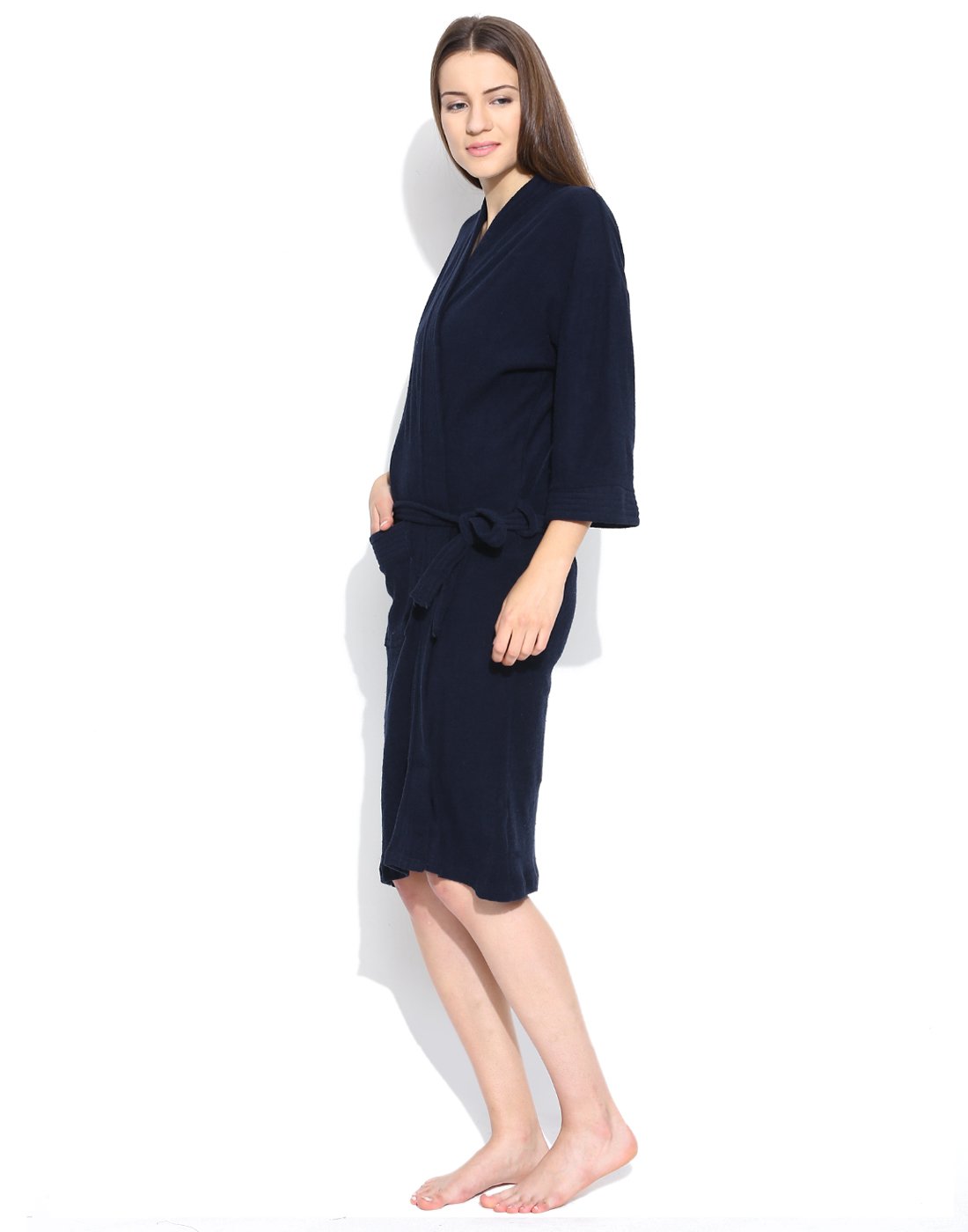 SAND DUNE Men's and Women's Terry Cotton Full Sleeve Knee Length with Pocket and Waist Belt Plain Bathrobe Gown (Navy Blue, Large)