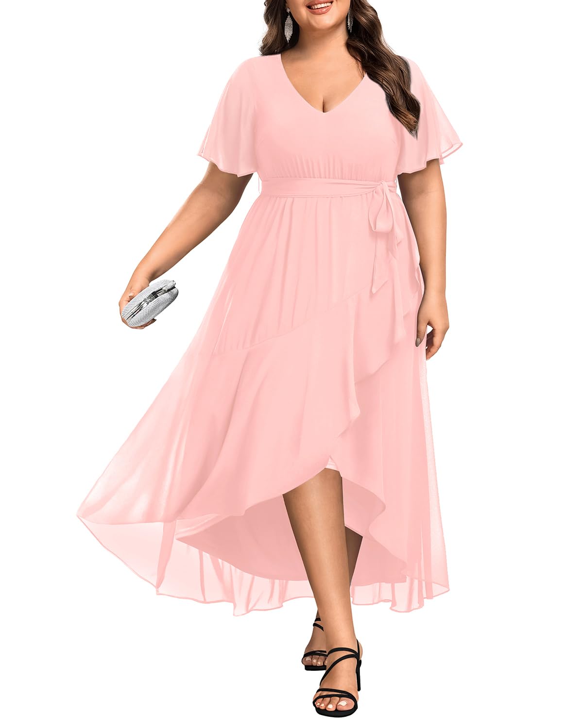 Talisea Womens Plus Size Long Dress Chiffon High Low Split Ruffle Evening Bridesmaid Wedding Guest Formal Maxi Dresses