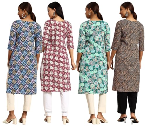 Image of JAKHANA Women's Crepe Printed Casual Straight Calf Length Round Nick Kurta Pack of 4