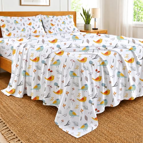 Kotton Culture Bed Sheets 4 Piece 100% Egyptian Cotton 600 Thread Count Soft Crisp Cooling Cotton Luxury Hotel Sheets Thick with 16" Inch Deep Pocket Snug Fit Sateen Weave(Forest Birds,Olympic Queen)