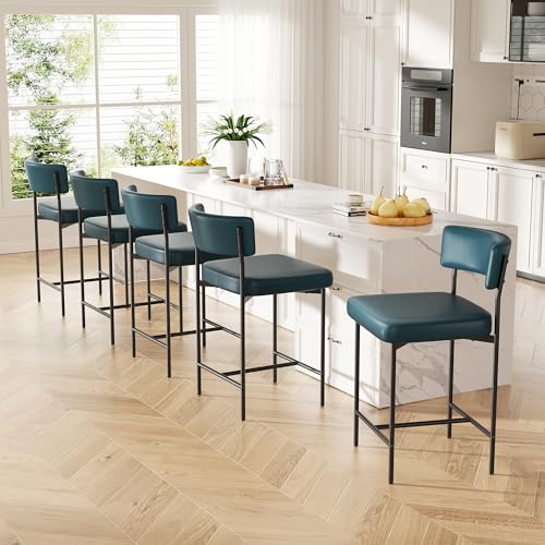 Image of Bar Stools Set of 5, Faux Leather Counter Height Barstools with Curved Back, 25 Inch Upholstered Bar Chairs, Modern Counter Stools for Kitchen lsland, Dark Blue