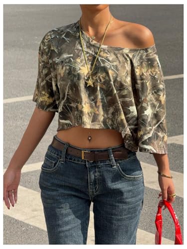 WDIRARA Women's Y2k Camo Print Off The Shoulder Crop Tee Top Short Sleeve Loose Fit T Shirts3