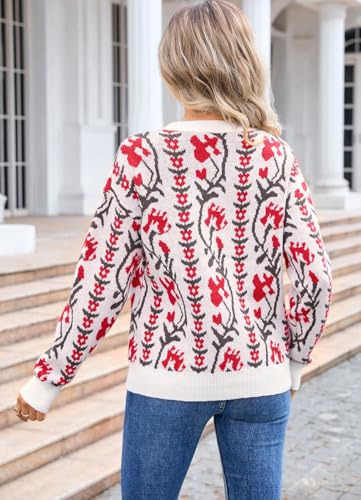 chouyatou Women's Cute Y2K Floral Print Pullover Sweater Fall Casual Crewneck Ribbed Knit Jumper Tops4