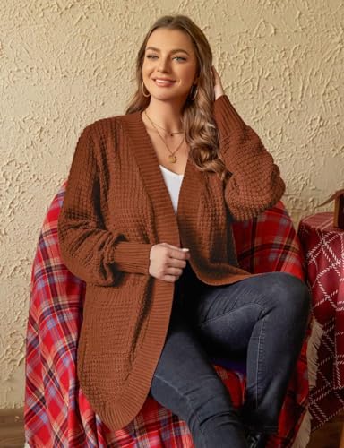 Image of MONNURO Womens Plus Size Open Front Cardigan Waffle Knit Long Sleeve Sweaters Tops Fall Coat Outerwear with Pockets