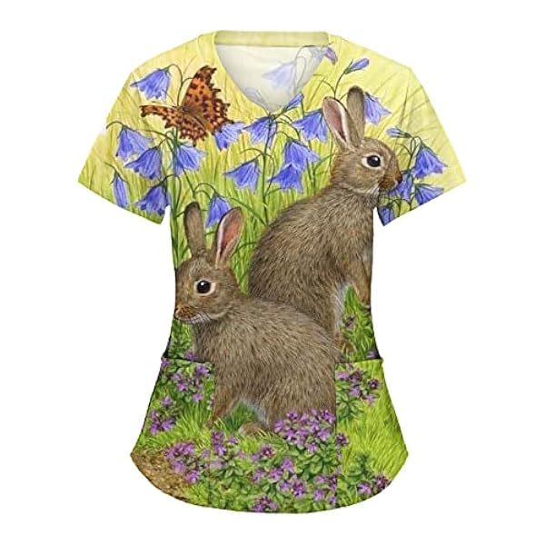 Kvinnor bekväm påsk dag tryck kortärmad v-ringad semester kul mönstrad arbete t-shirts blus toppar med fickor leopard leggings barn