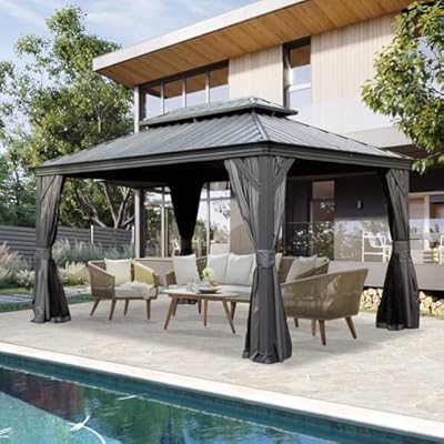 Domi Hardtop Gazebo 10x14FT, Outdoor Gazebo with Galvanized Steel Double Roof, Metal Gazebo with Drainage System, Detachable Curtain and Netting, Metal Pavilion Gazebo for Patio Deck Garden, Gray