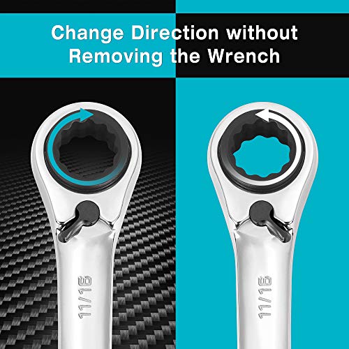 Duratech Reversible Ratcheting Wrench Set, 4 In 1 Double Box End Wrench Set, Sae, 2-Piece, 5/16, 3/8, 7/16, 1/2 & 9/16, 5/8, 11/16, 3/4-Inch, Cr-V Steel, Mirror Polished, With Rolling Pouch #TOP3
