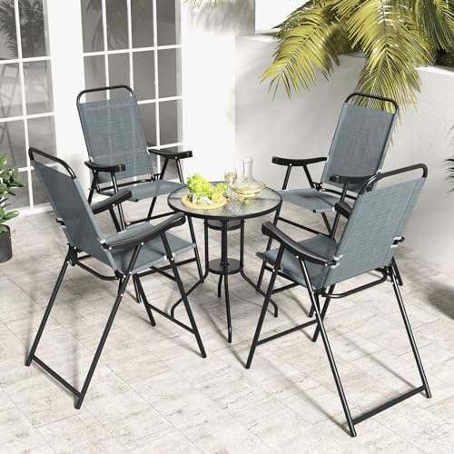 Image of COSTWAY 4 Pieces Patio Folding Bar Chairs with Metal Frame, Footrest, Arms