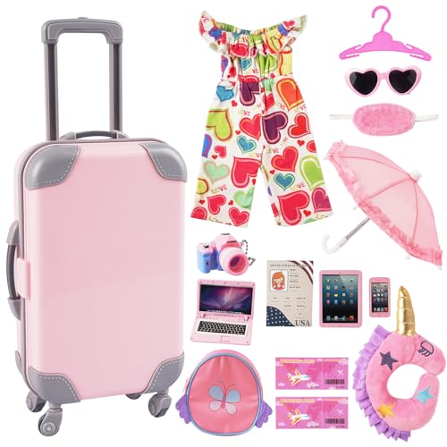 BABESIDE 15 Pcs Doll Accessories Suitcase Luggage Travel Set, Stuff for 18 Inch Baby Dolls, Bag Camera Computer Cell Phone Sunglasses Eye Mask Umbrella Clothes with Suitcase (Doll NOT Included)