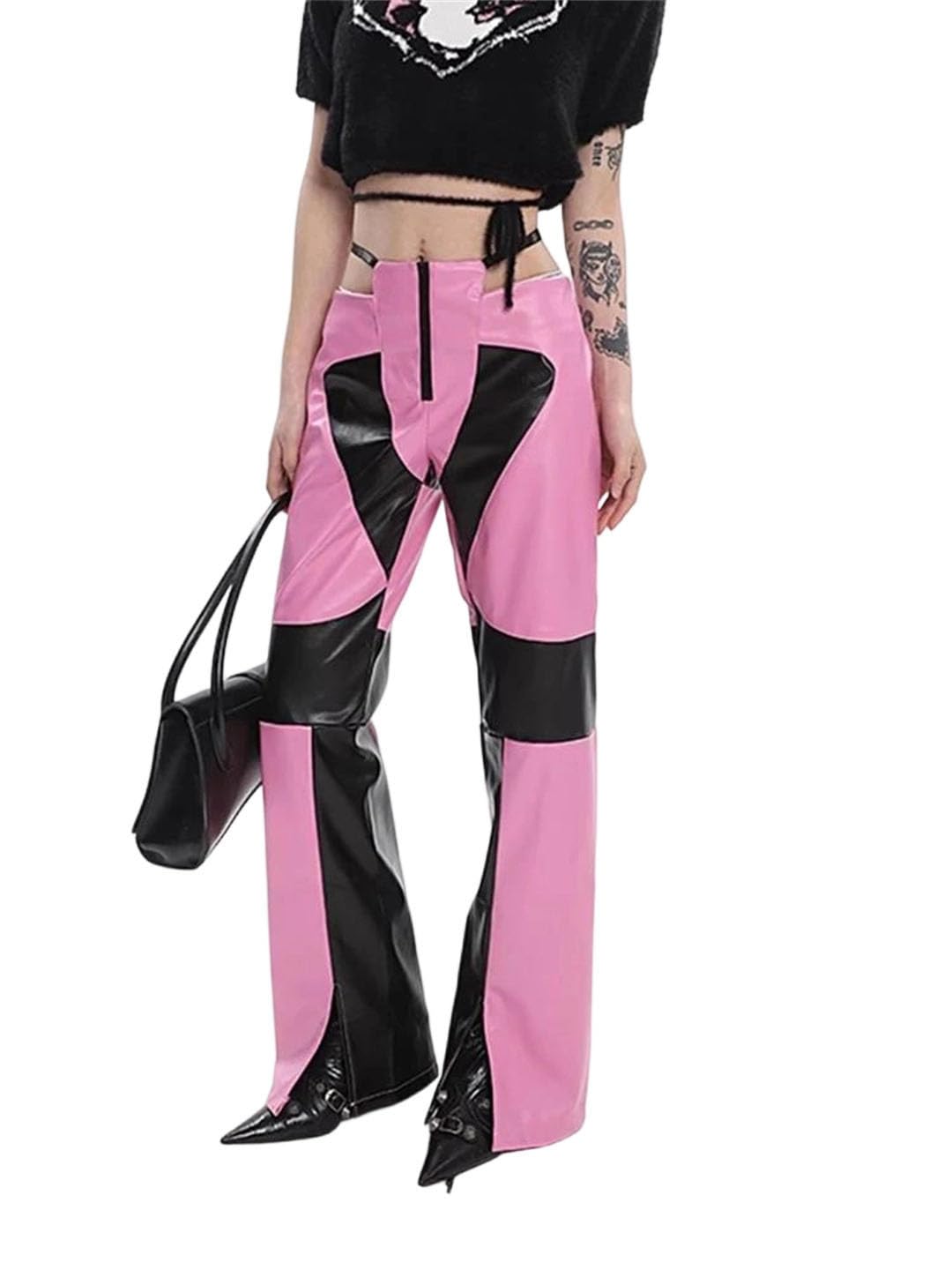 Womens Spring Zippered High-Waisted Paneled Cutout Straight-Leg Leather Flared Pants