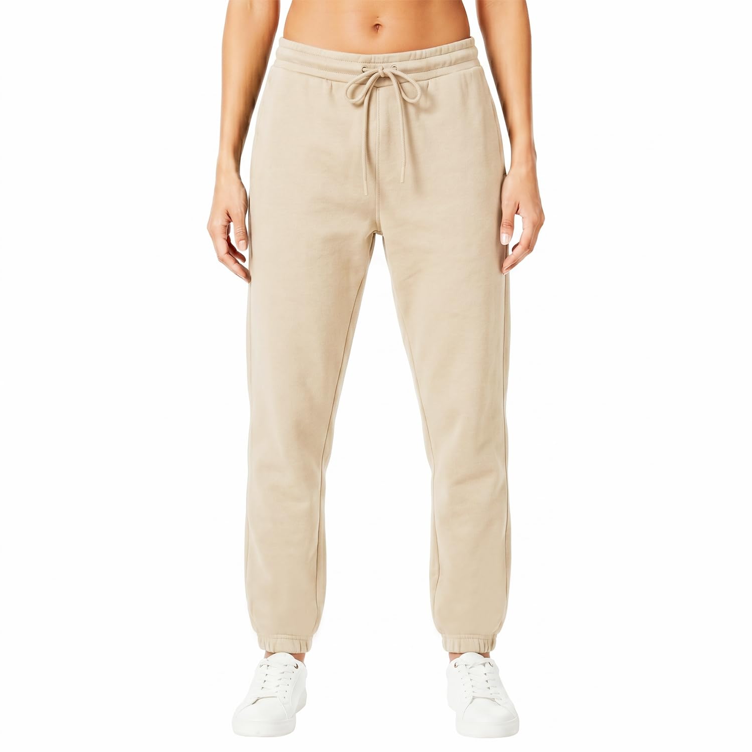 Light & Shade Women's Fleece Joggers with Drawstring Waist Tapered Tracksuit Bottoms Soft Cotton Blend Sweatpants for Gym & Loungewear (Sand, L)