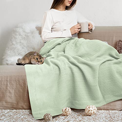Thread Spread Organic Gots Cotton Blanket, Full/Queen - 350 Gsm, Antistatic, Fuzzy Soft, Lightweight, Sofa, Camping & Travel, Perfect Herringbone All Seasons Throw, Sage Green + Stylish Bonus Tote Bag #TOP6