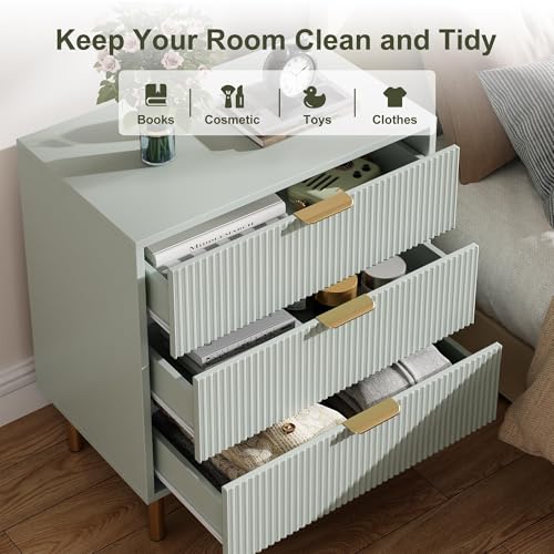 Green Dresser, Modern 3 Drawer Dresser for Bedroom with Gold Handle and Large Drawer, Wood Double Chest of Drawers and Storage Organizer for Living Room, Hallway, Entryway