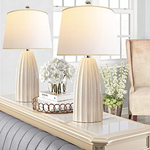 Hamucd Modern Beige Ceramic Table Lamps Set Of 2 For Living Room,Coastal Pottery Bedroom Nightstand Lamps With Rotary Switch,Contempory Off-White Bedside Lamps With Light Yellow Lampshade,25.5" H #TOP4