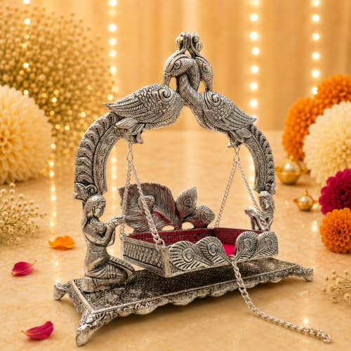 Image of CHHARIYA CRAFTS Metal Laddu Gopal Krishna Swing Jhula for Janmashtami Pooja, Decorative Bal Gopal Mandir Swing for Home Temple, Festival Decoration, Pooja Room Decor & Religious Gift