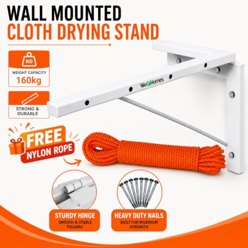 Image of Clothes Drying Stand Wall Mounted with nylon rope- Space Saving Steel Wall Cloth Dryer Stand-Cloth Dryer Foldable Rack- Wall mount cloth hanging stand-Cloth Dryer Stand for indoor,outdoor and Balcony