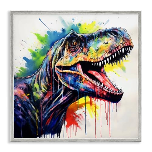 T-Rex rugissant coloré Stupell Industries cadre gris 30x30 cm