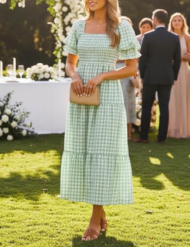 Image of ZESICA Women's 2026 Boho Summer Dresses Gingham Puff Sleeve Square Neck Flowy Beach Midi Dress