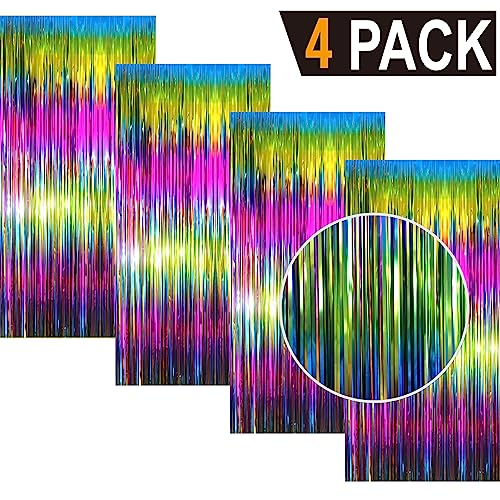 Image of GOER 3.2 ft x 8.2 ft Metallic Tinsel Foil Fringe Curtains Party Photo Backdrop Party Streamers for Birthday,Graduation,New Year Eve Decorations Wedding Decor(4 Packs,Macaroon Rainbow)