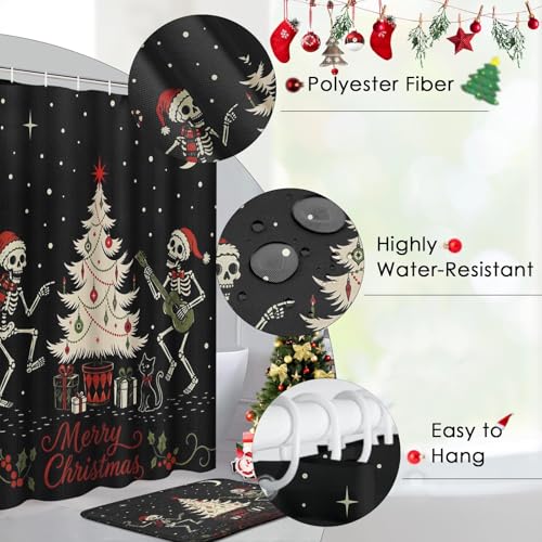 Cortina de ducha de Navidad con esqueleto y Papá Noel para baños modernos en invierno 7