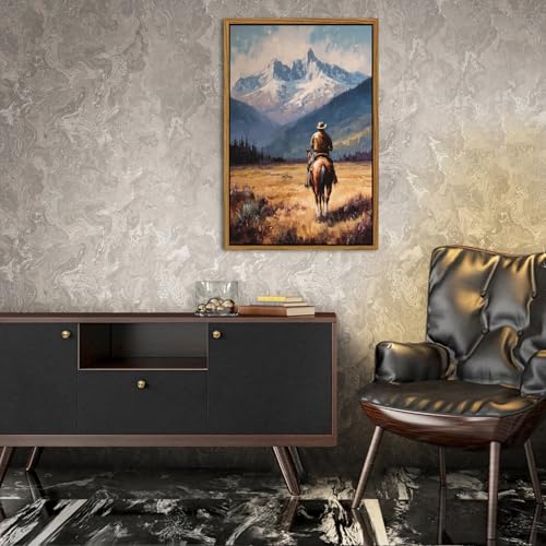 Image of Western Cowboy Wall Art Vintage Western Framed Wall Decor for Bedroom | 24x36 inch Cowboy on Horse Canvas Prints Fall Mountain Landscape Painting Rustic Country Wall Decor for Living Room Home Office