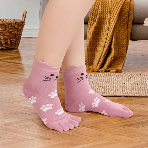 Image of ZAKASA Womens Toe Socks Funny Cat Dog Print Cotton Five Finger Socks Novelty Athletic Running Crew Ankle Socks Size 6-9