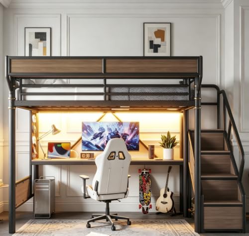Image of Bellemave Queen loft Bed with Storage Stairs, Wardrobe, Shelves, Metal Queen Loft Bed Frame for Adults, Kids, Teens, Black+Natural Wood with Black Stairs