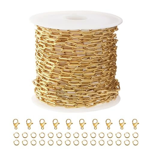 Kyutong 5M Gold PVD Plated Necklace Chain for Jewelry Making 304 Stainless Steel Paperclip Chain Roll with Lobster Clasps and Jump Rings for Men Women Making Jewelry Craft Support Jewelry Findings by Kyutong - Used condition - US$15.83