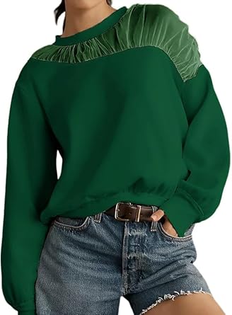 Women Asymmetric Sheer Mesh Panel Sweatshirt Long Sleeve Pullover Top Crewneck Ruched Tulle Shoulder Blouse