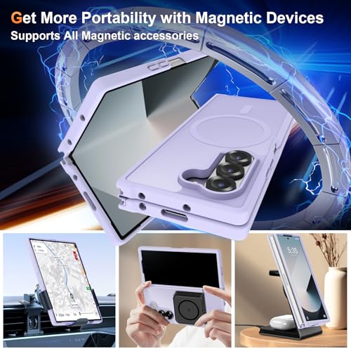 Image of ORETECH Magnetic Case Compatible with Samsung Galaxy Z Fold 6 Case, Translucent Back Non-Slip Hard PC Shockproof Bumper Protective Phone Case Cover for Samsung Z Fold 6 - Light Purple