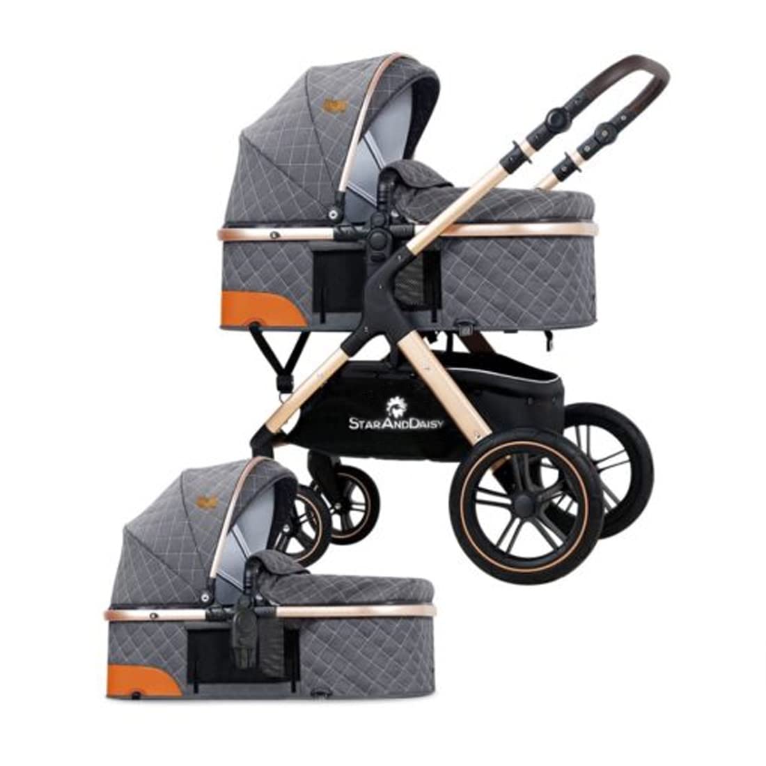 StarAndDaisy Easy Go Baby Stroller For 0-3 Years Girls & Boys,Luxury Look,One Push Foldable Desing,5 Point Safety Belt,Comfortable & Washable Fabric(Grey Triple Layer Cotton Fabric With Gold Tubes) (B09RVTRLB4) Amazon Price History, Amazon Price Tracker