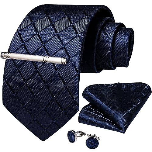 DiBanGu Plaid Ties for Men Silk Checkered Necktie and Pocket Square Cufflinks Tie Clip Set with Gift Box for Wedding Business, Navy Blue