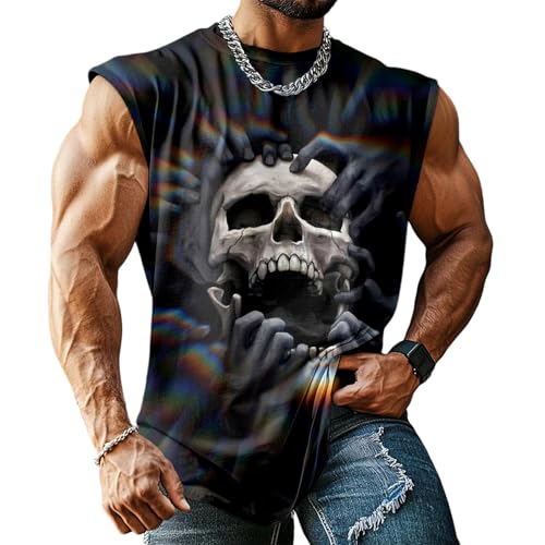 Débardeur à motif tête de mort pour homme – Col rond – T-shirt sans manches tendance décontracté pour gym, sport, entraînement quotidien, B Novel...