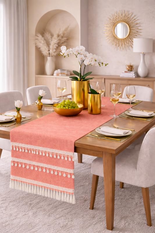 WWW.THROWPILLOW.IN Peach Table Runner with Tassels & Kowri 13x108 Inch |Fits 8 Feet TV Unit Cabinet, Center Table, Coffee Table, Dining Table, Entry Console|Living Room Diwali Decor 1