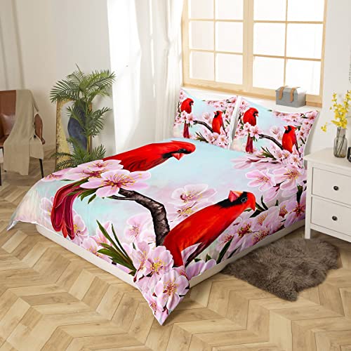 Erosebridal Cardinal Bedding Set Full Girls Pastel Pink Garden Flowers Comforter Cover For Kids Child,Red Bird Duvet Cover Rustic Aesthetic Animal Quilt Cover Chic Nature Art Bedroom Decor #TOP1