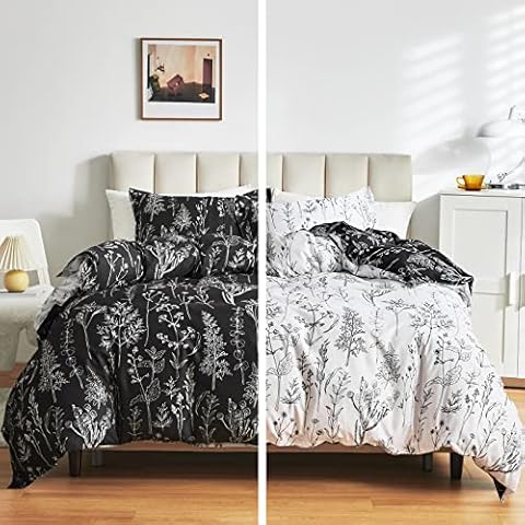 Joyreap 7 Piece Bed in a Bag, Botanical Bedding Set Queen Size Comforter Set for All Season- Black n White Reversible Design- 1 Comforter, 2 Pillow Shams, 1 Flat Sheet, 1 Fitted Sheet, 2 Pillowcases Cover