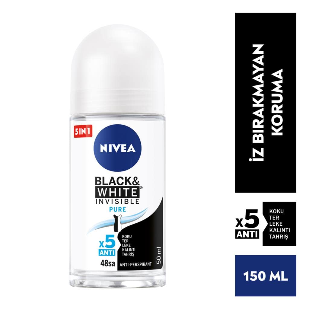 NIVEA Kadın Roll On Deodorant Black & White Invisible Pure 48 Saat Anti-perspirant Koruma (50 ml)