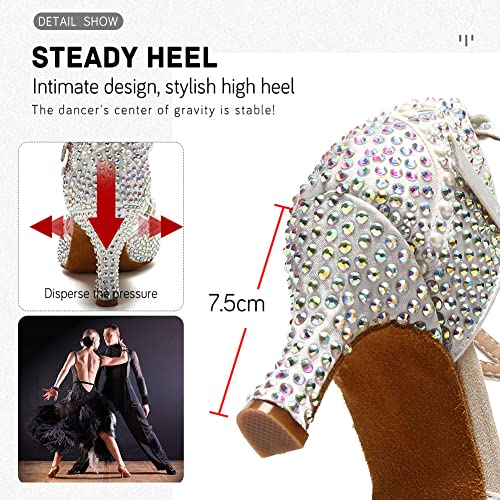 Image of JUODVMP Women's Latin Dance Shoes Rhinestones Satin Ballroom Dancing Shoes Salsa Professional Dance Shoes