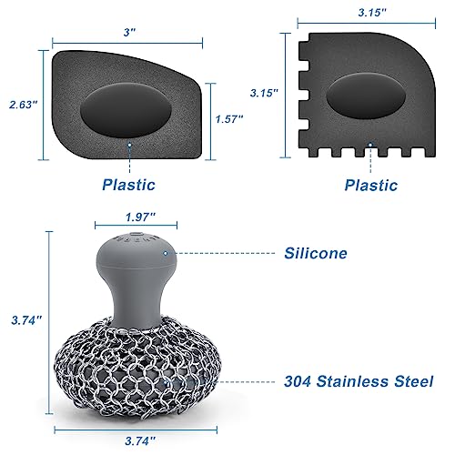 Image of SUBEKYU Cast Iron Scrubber Kit, Stainless Steel Cast Iron Skillet Cleaner, Chainmail Scrubber with Scraper Tool for Cast Iron Pans /Grill Nets /Sinks, Grey, 1 Set