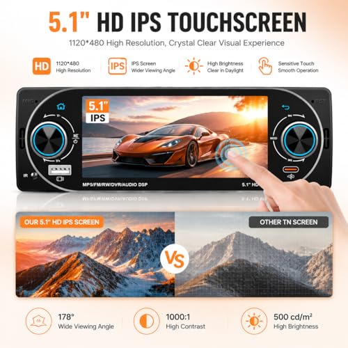 5.1" Single Din Car Stereo Wireless Apple CarPlay Android Auto, IPS Touchscreen Car Radio Bluetooth 5.2, FM/AM/RDS, USB Type-C Fast Charging, 4×45W Car Audio, Backup Camera, Fits Most Single DIN Cars by AmoyJebit - Image 6