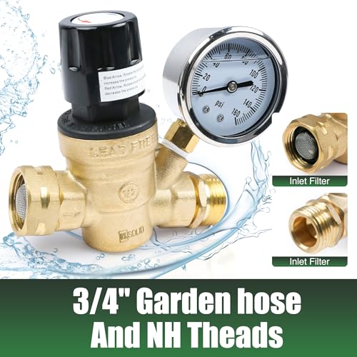 Image of U.S. Solid 3 /4 in GHT RV Water Pressure Regulator, Handwheel-Adjustable Lead-Free Brass Valve with 0-160 psi Gauge and Inlet Filter, for RV Camper Trailer and Garden Hose