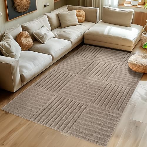 SIMPEX Tapis Salon 200x290 cm Beige à Poils Longs Design Scandi Boho à Carreaux Effet Relief...