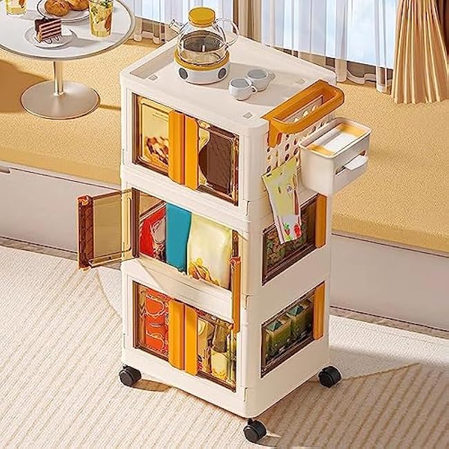 Slim Storage Cart, 4 Tier Stackable Storage Bins Organizer with Lids, 27.5Qt Dual Open Collapsible Closet Organizers, Plastic Foldable Storage Box for Home and Office(White+orange,2 PC)-uSzZkcUG