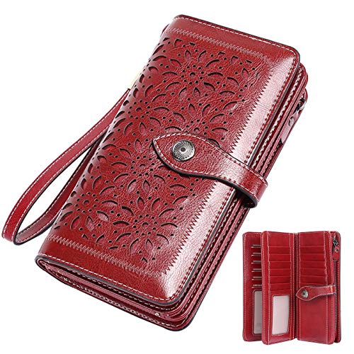 WACCET Portefeuille Femme Cuir Grande Capacite, RFID Blocage Portefeuille Compagnon Femmes avec 26 Emplacements Cartes, Porte Feuille pour Femme AVCE Fermeture Eclair (Rouge) Cover